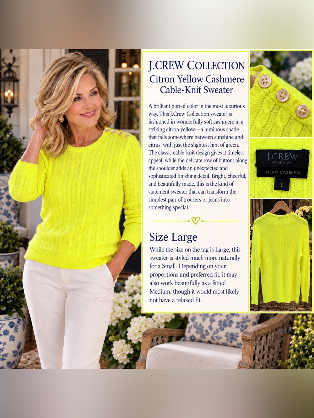 J. Crew Citron Yellow Cable-Knit Cashmere Crewneck Sweater